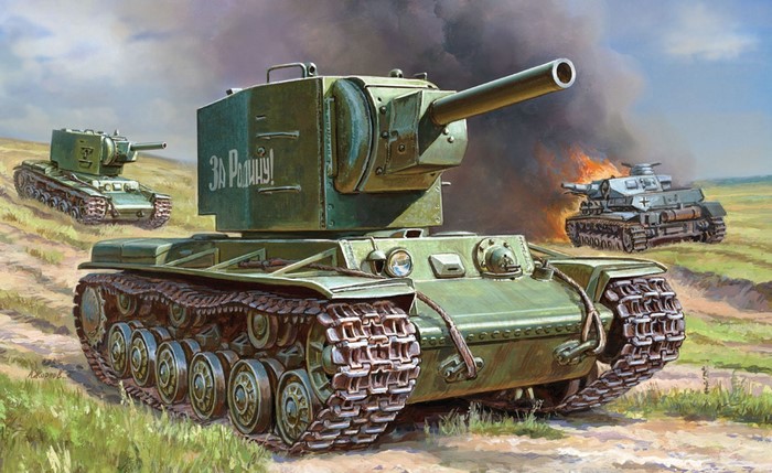 KV-2 Tanks in a Battlefield Painting