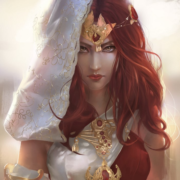 Woman with red hair and golden crown