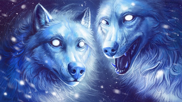 Two blue wolves with glowing eyes in the snow
