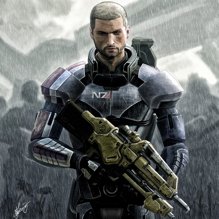 Commander Shepard from Mass Effect 3 with assault rifle