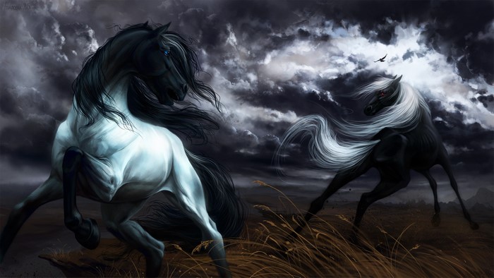 Two horses running in a stormy landscape