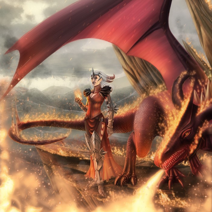 Flemeth from Dragon Age with a dragon