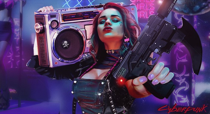 Woman with boombox and pistol in Cyberpunk