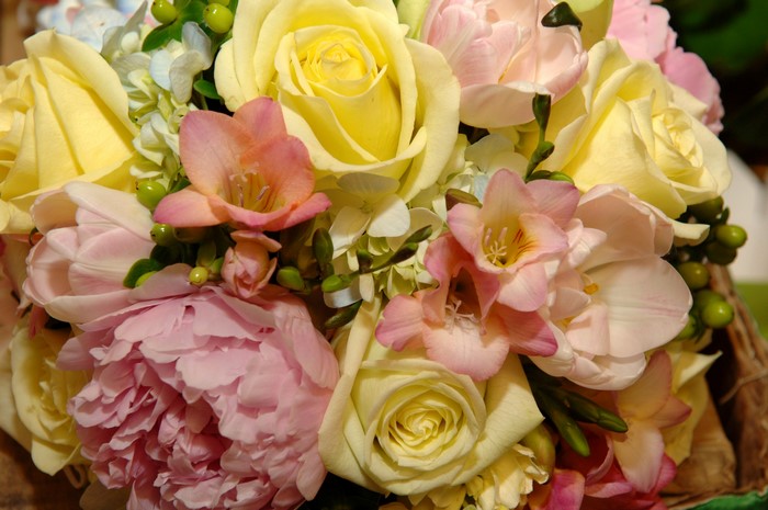 Yellow roses, pink peonies, and freesia bouquet