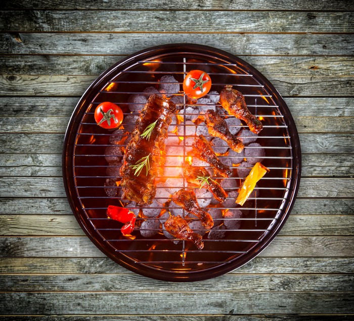 Barbecue Ribs and Chicken Wings on Grill