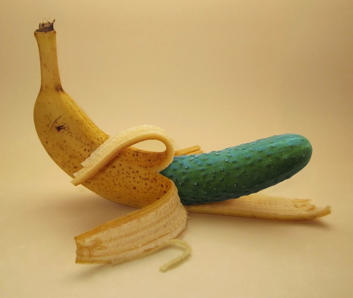Banana peeled with a cucumber inside