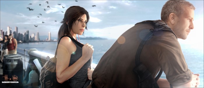 Lara Croft and man from Tomb Raider on a boat