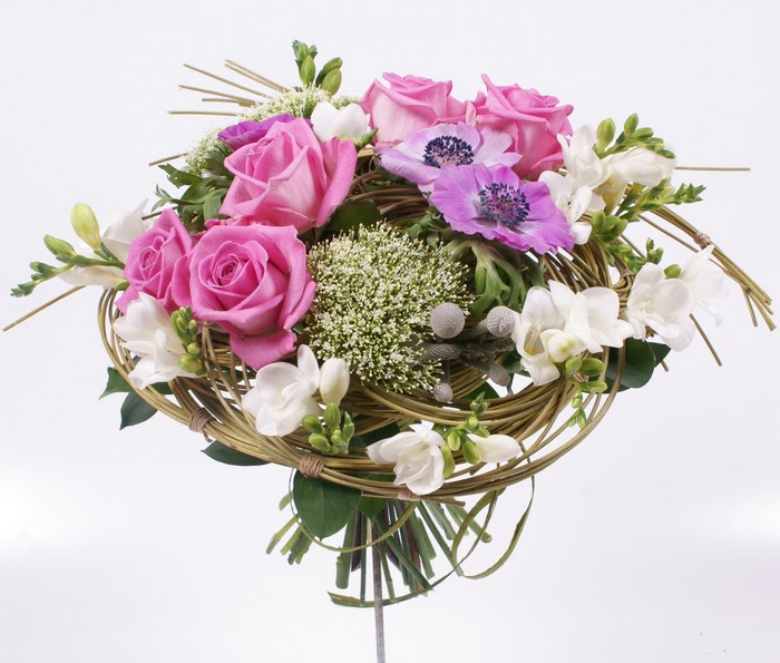 Pink Roses and Purple Anemones Flower Arrangement