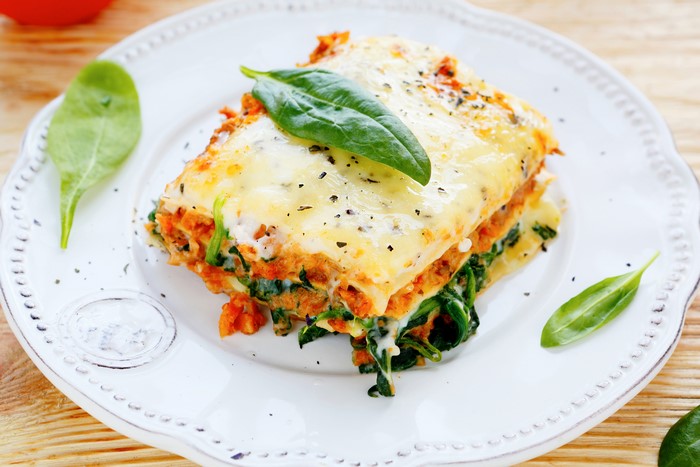 Lasagne with spinach on a plate