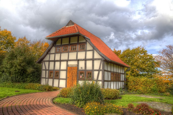 Half-timbered house in Germany with autumn trees
