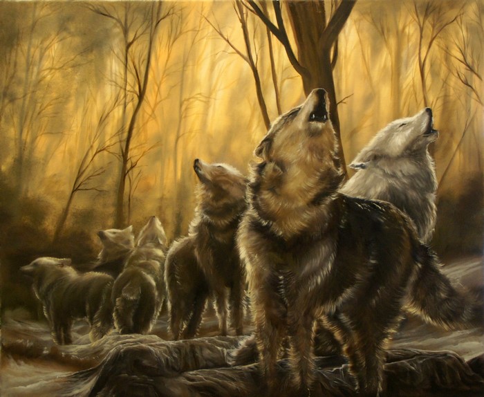 Wolves howling in a forest painting