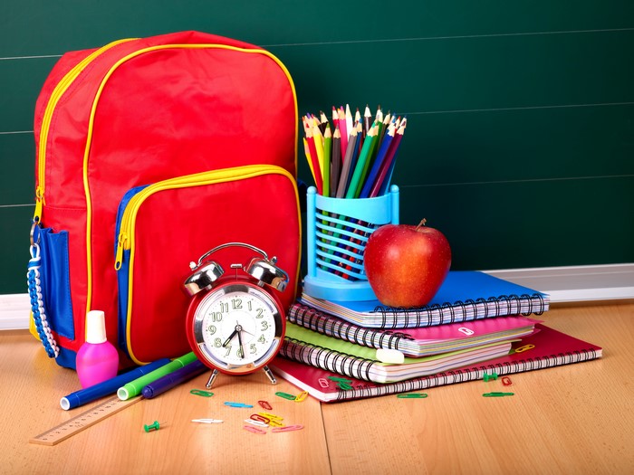 School supplies with backpack and apple on desk