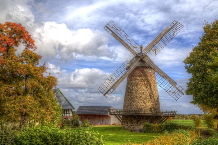 Autumn scene with a windmill in Minden, Germany
