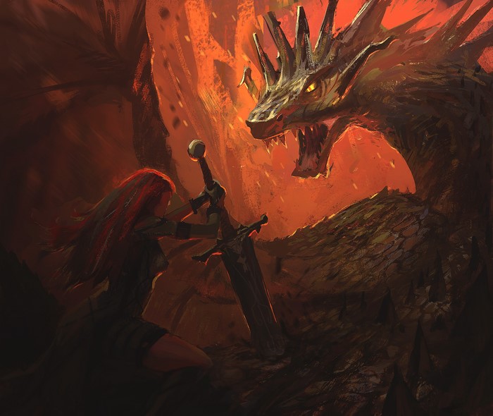 Warrior fighting a dragon
