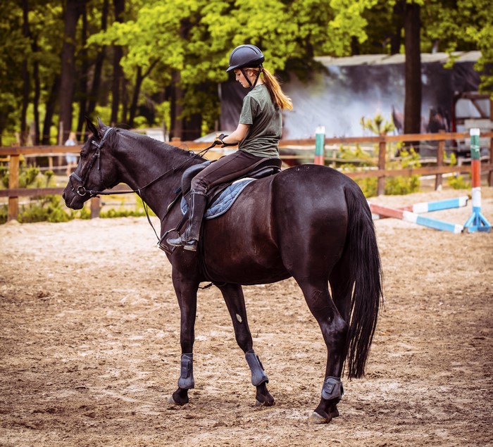 Girl riding a black horse in an arena