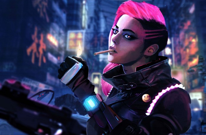 Cyberpunk woman lighting a cigarette