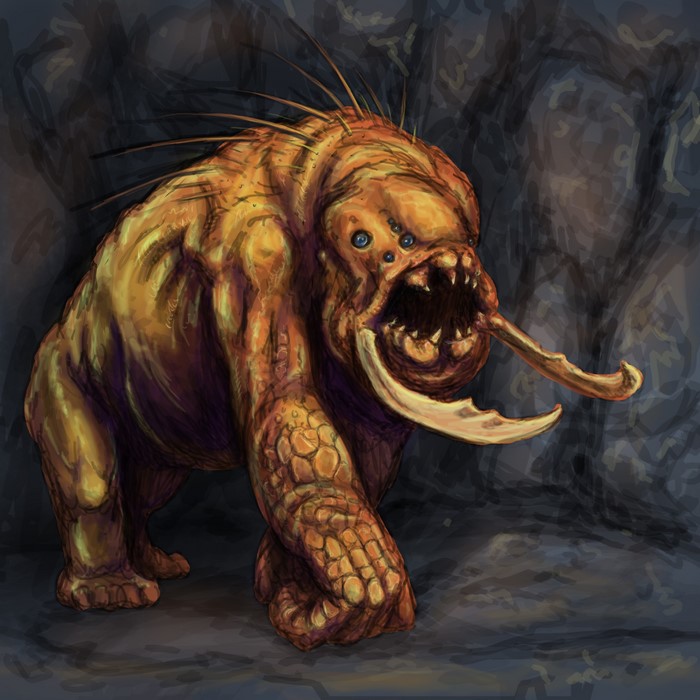 A monstrous creature with multiple eyes and tusks