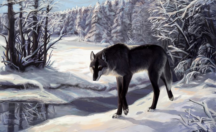 Wolf in a Snowy Forest Painting