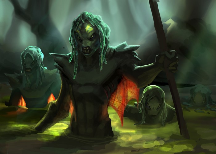 Swamp creatures with spears in murky water