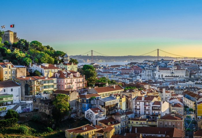 Lisbon cityscape with São Jorge Castle and 25 de Abril Bridge