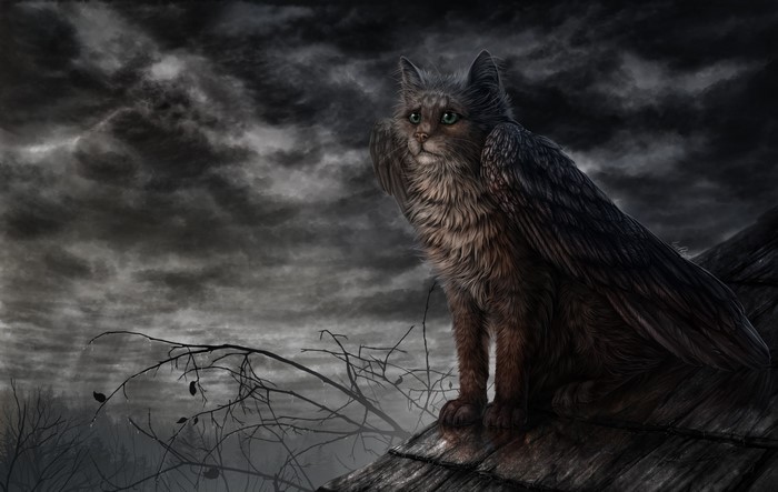 Mythical cat with wings on a rooftop