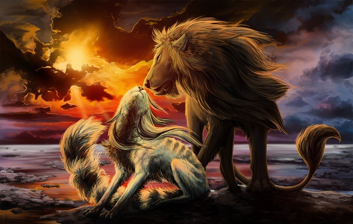 Painting of two lions at sunset
