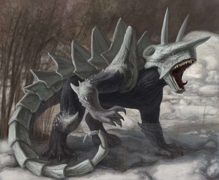 Monster with bone armor in a snowy landscape
