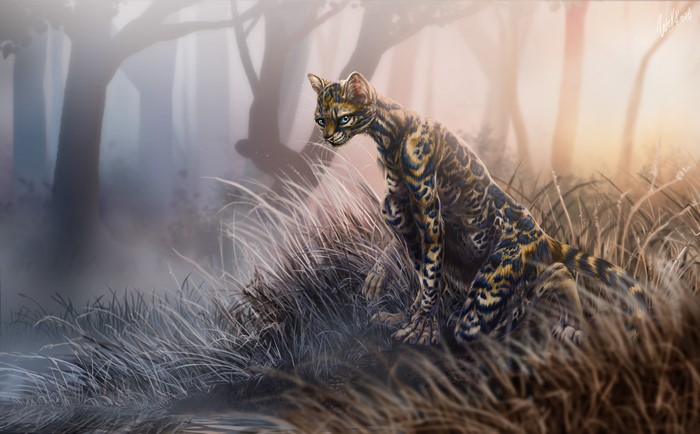 Ocelot in a misty forest painting