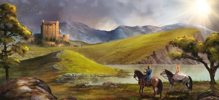 Two people on horses near a lake and castle