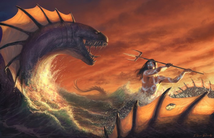 Warrior with Trident Battles Sea Monster
