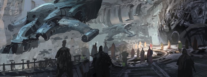 Fantastic world with ships and people