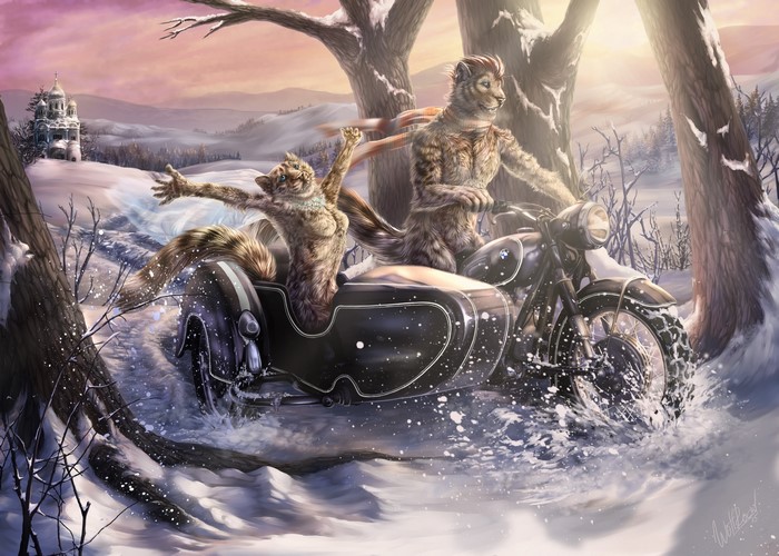 Anthropomorphic cats riding a motorcycle with a sidecar in the snow