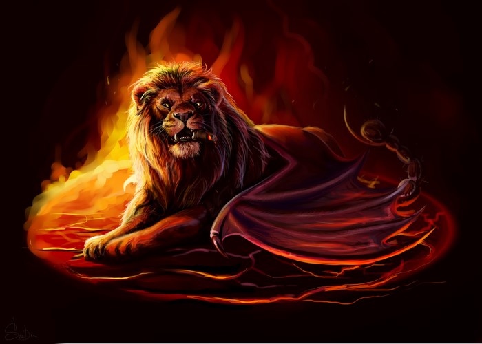 Lion with wings and scorpion tail on fire