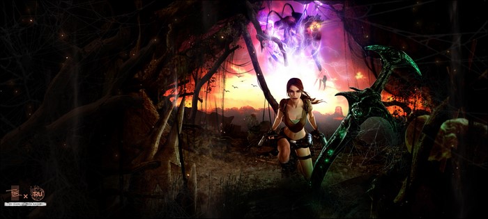 Lara Croft from Tomb Raider fighting a spider monster