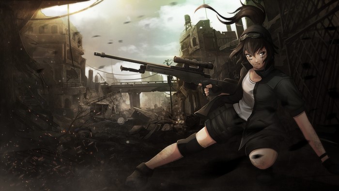 Girl with sniper rifle in ruined city