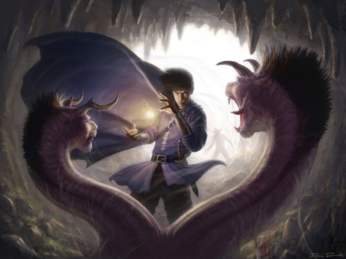 Man casting magic between two monsters in a cave