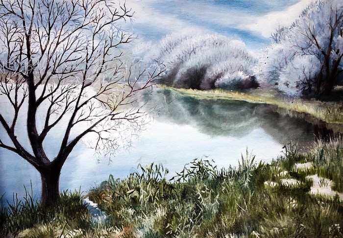 Winter lake with bare trees and snow