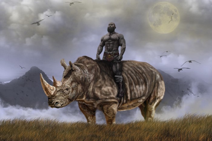 Warrior riding a rhino under a full moon