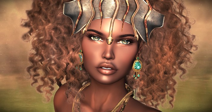 Woman with snake crown and earrings