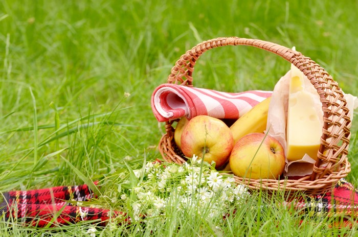 Picnic basket with apples, cheese, and flowers on grass