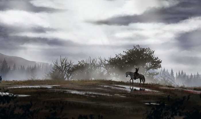 Geralt of Rivia from The Witcher on horseback in a misty landscape