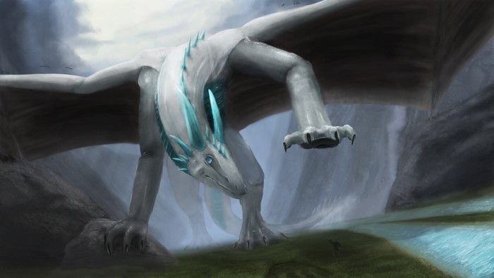 White Dragon with Blue Horns in a Valley