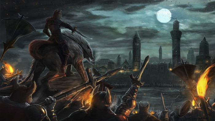 Wolf rider leading an army at night