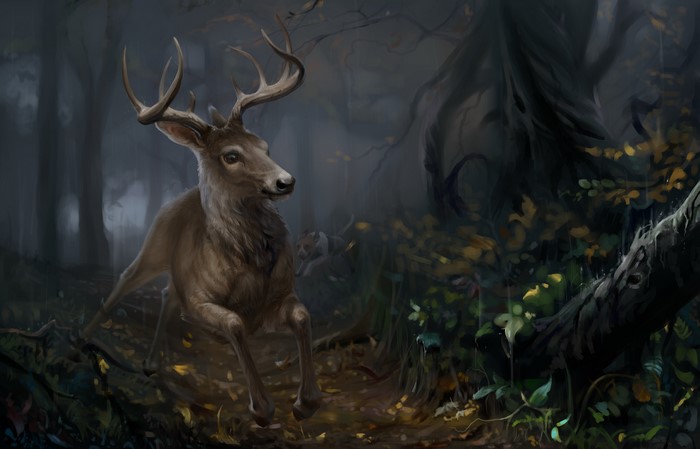 Deer in a dark forest painting