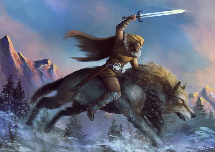 Warrior riding a wolf with a sword