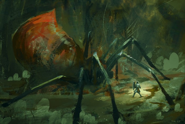 Giant Spider and Warrior in a Dark Forest