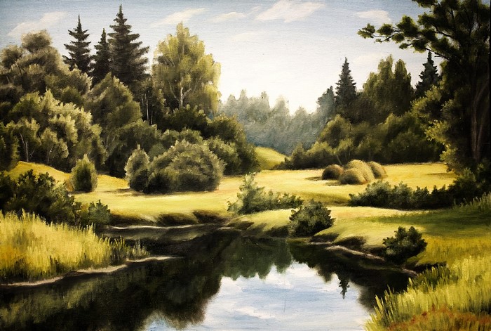 Painting of a river flowing through a forest landscape