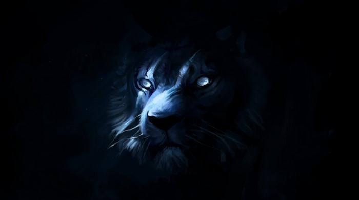 Painting of a blue tiger with glowing eyes