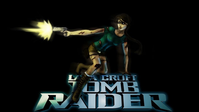 Lara Croft from Tomb Raider firing a pistol
