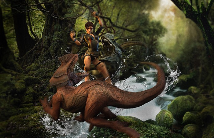 4K Lara Croft fighting dinosaurs in a jungle